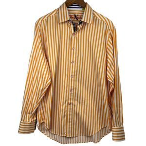 Robert Graham X Orange & White Vertical Striped Button Down Cotton Dress Shirt L